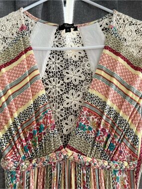 Sky Multicolor Floral Crochet-Trim Boho Maxi Dress